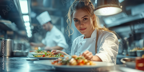 Female Chef Preparing Dishes in Professional Kitchen
