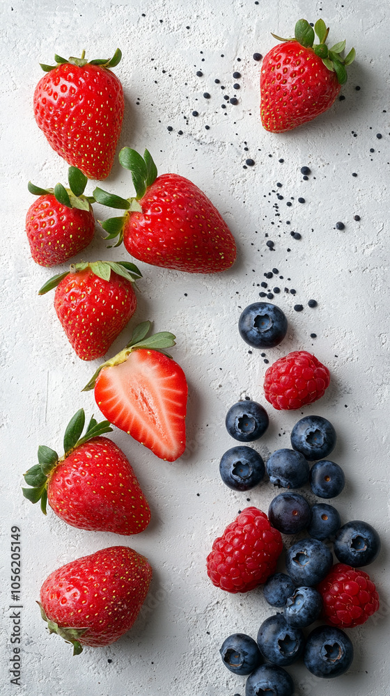 Top View of an assortment of strawberries, raspberries and blueberries on a grey background Top View of an assortment of strawberries, raspberries and blueberries on a grey background