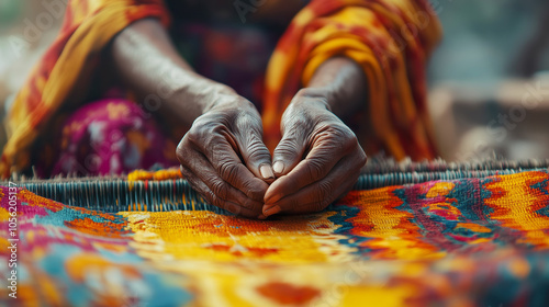 Weathered Hands Weaving Traditional Textile with Vibrant Colours photo