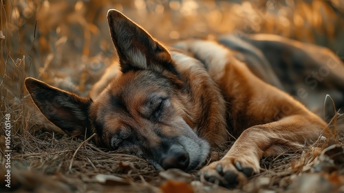 a old and weak German Shepherd lay on ground, wounded photo