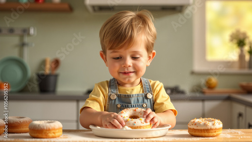 A Young Boy Devotedly Creating Delicious Donuts in a Brightly Lit Kitchen Full of Colorful Ingredients