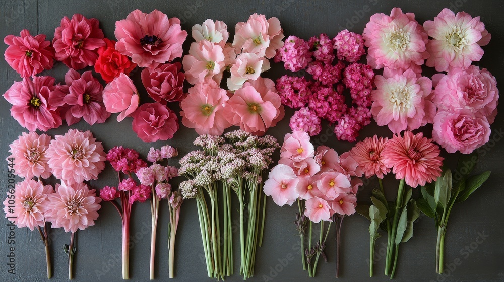 Obraz premium A vibrant arrangement of pink flowers on a wooden surface showcasing variety and beauty