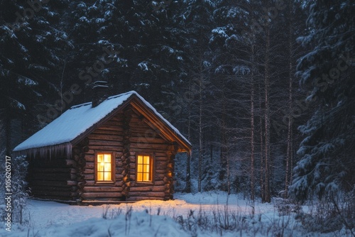 cottage core - rustic wooden log cabin with warm light glowing from the windows, nestled in a winter forest, minimal background with copy space photo