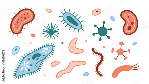 The simplest unicellular organisms set, bacteria and viruses, microorganisms under a microscope. Paramecium caudatum and other protozoa. Trendy modern vector illustration isolated on white, flat