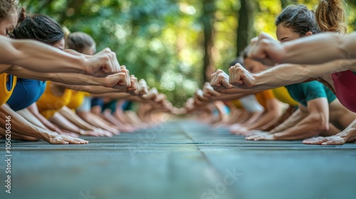 Group of fitness enthusiasts engaging in push-up challenge outdoors in a forest setting