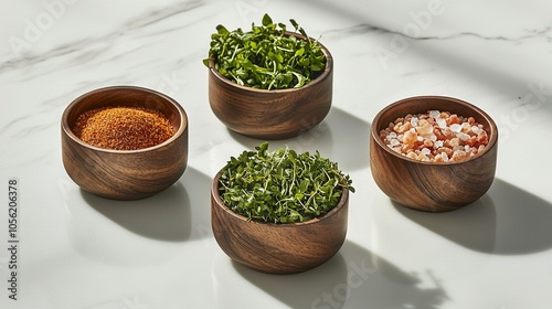  Wooden bowls hold spices, seasonings on white, marble