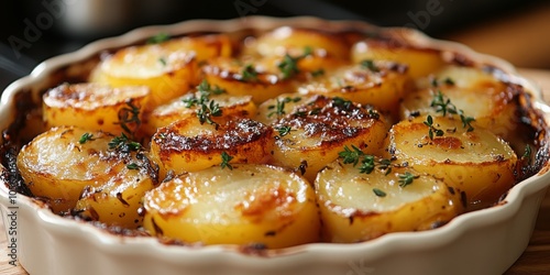 Baked potatoes in a plate with greens. Delicious lunch, dinner, healthy food, recipe with vegetables, cooking photo