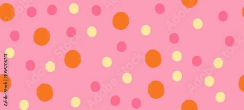 Seamless vector pattern with crayon dots and splotches in whimsical polkadot design. Fun, abstract pink background.