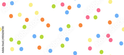 Vector crayon dot pattern with colorful splotches. Irregular, whimsical polkadot seamless background in primary colors.