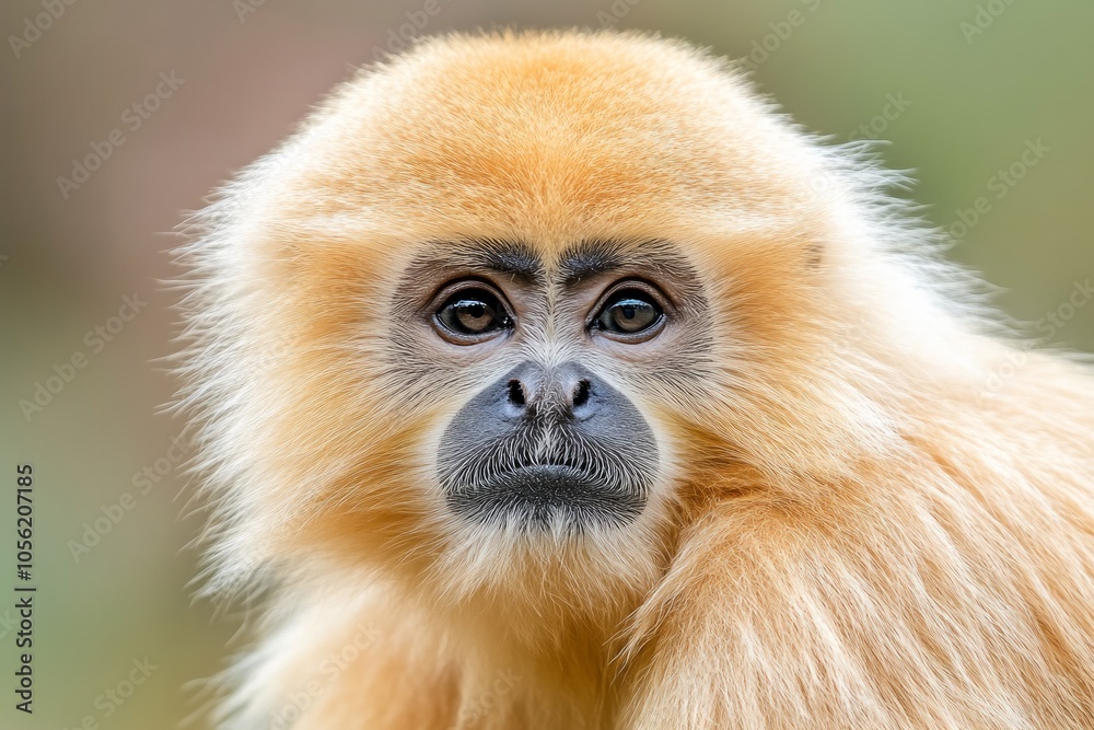 Obraz premium Adorable golden-furred monkey looking directly at the camera in soft daylight setting with a blurred background