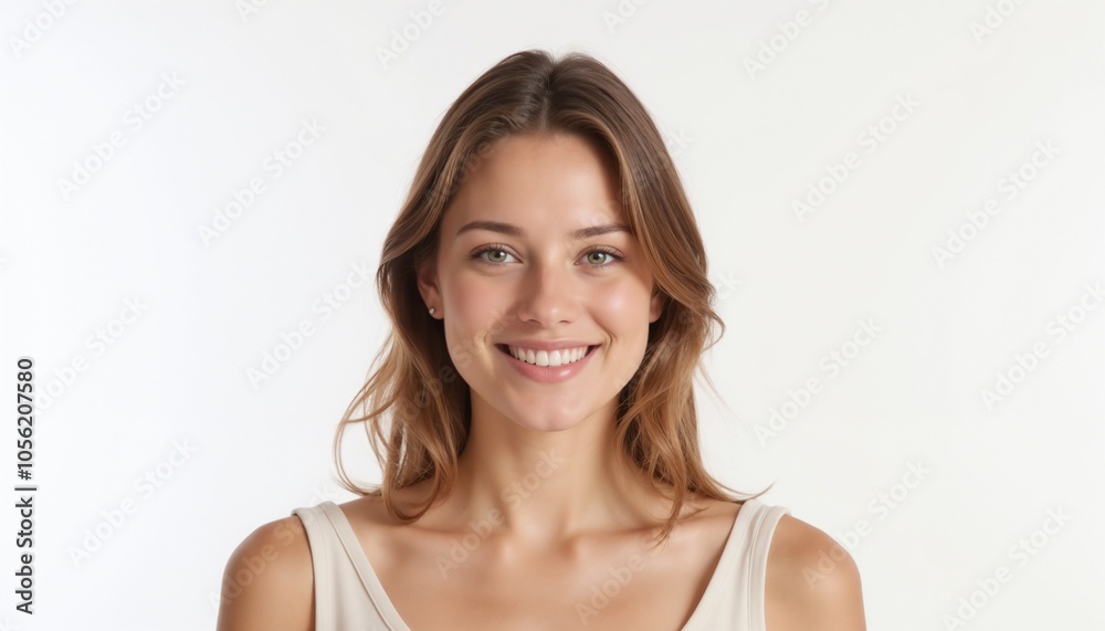Smiling young woman with long hair against a plain background Smiling young woman with long hair against a plain background