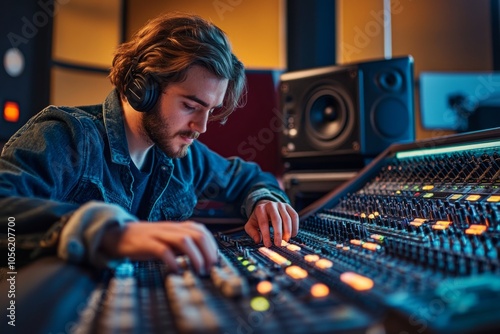 A focused audio engineer in a professional studio. He fine-tunes sound levels with precision. The atmosphere is vibrant and creative. Generative AI.