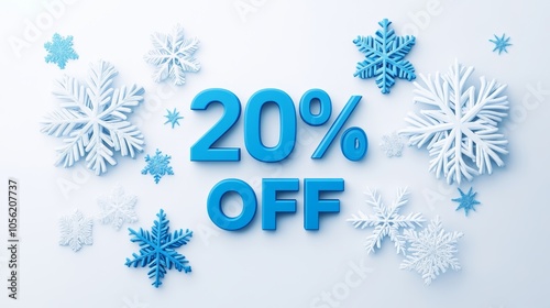 Blue and white snowflakes with "20 percent OFF" written in paper cutouts, winter clearance sale