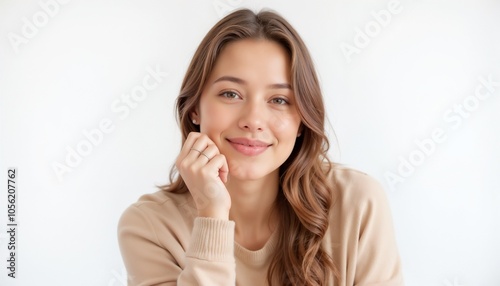 Smiling young woman with long hair resting her chin on her hand