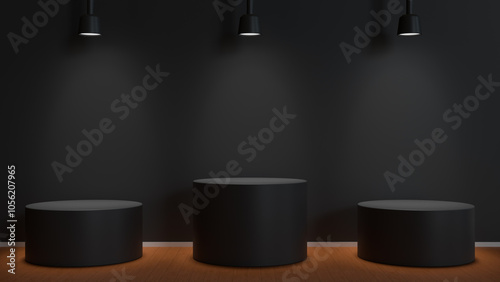 Minimalist black display podium with spotlights and wooden floor, perfect for showcasing products or for use as a elegant presentation background.