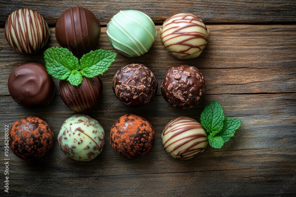 dessert display, mint chocolate truffles displayed on a wooden table, offering room for custom decoration or text dessert display, mint chocolate truffles displayed on a wooden table, offering room for custom decoration or text