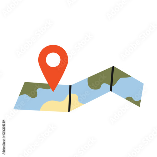 Folding map of the area with geotag. Geography and travel concept. Vector illustration isolated on white background, hand drawn, flat design