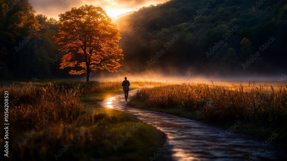 Obraz premium A lone figure walks along a path through a misty meadow at sunrise, with a vibrant fall tree in the foreground and a distant hill in the background.