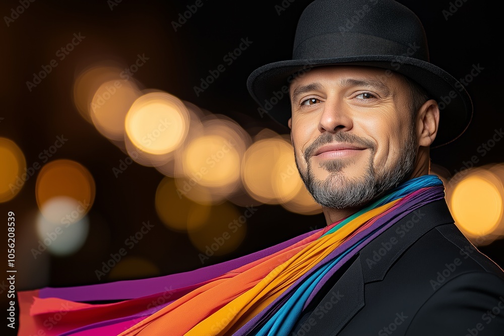 Magician pulling colorful scarves from a top hat with a playful expression under stage lights Magician pulling colorful scarves from a top hat with a playful expression under stage lights