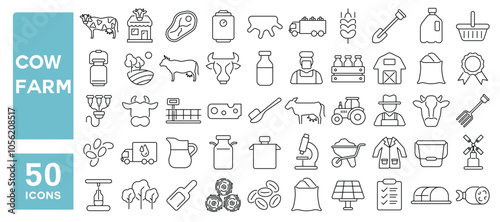 Set of 50 line icons related to cow farm, farm, milk, dairy, meat, market, harvest, manufacture, cheese, cows, calf, cattle, Editable stroke. Vector illustration