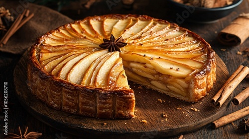 Sliced Pithivier showing apple filling, isolated on a rustic wooden board, with cinnamon sticks and star anise photo