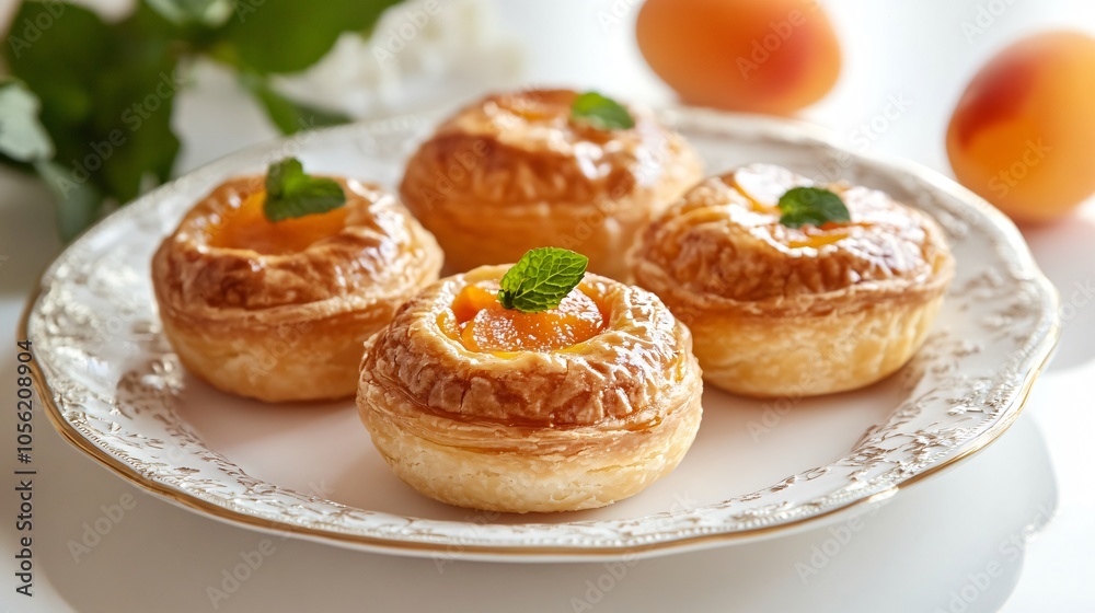 Small, round Pithiviers with apricot filling, isolated on a porcelain plate, with fresh apricots and mint Small, round Pithiviers with apricot filling, isolated on a porcelain plate, with fresh apricots and mint