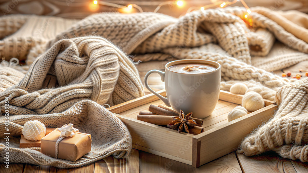 Cozy coffee setup with cinnamon and marshmallows in a wooden tray surrounded by warm blankets Cozy coffee setup with cinnamon and marshmallows in a wooden tray surrounded by warm blankets