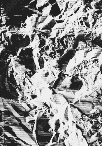 Halftone texture crumpled paper. Template vector black halftone background. Dotted realistic overlay bg in punk style for collage, poster, background. Grunge monochrome noise craft design paper.