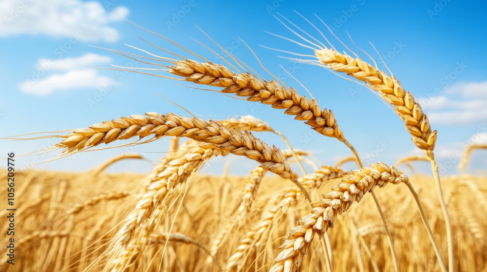 Golden wheat ears in the field, creating an agricultural background.
