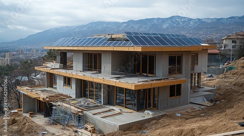 Eco-friendly housing project with solar panels and energy-efficient appliances being installed, focusing on sustainability and modern living photo