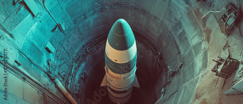 Large ICBM rocket in underground missile silo, view from above. Generative AI photo