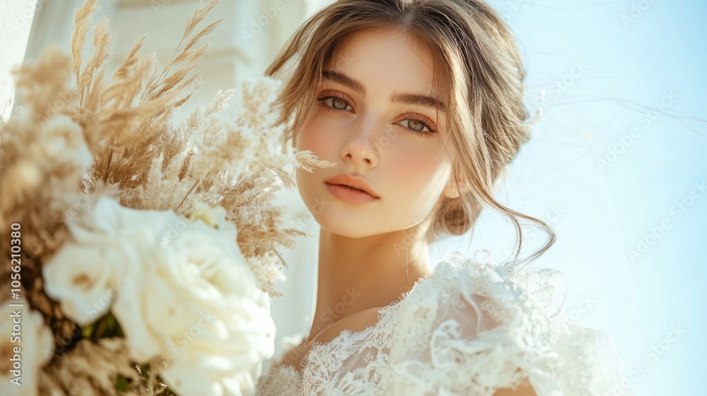 Woman with soft smile in nature surrounded by flowers and greenery Woman with soft smile in nature surrounded by flowers and greenery