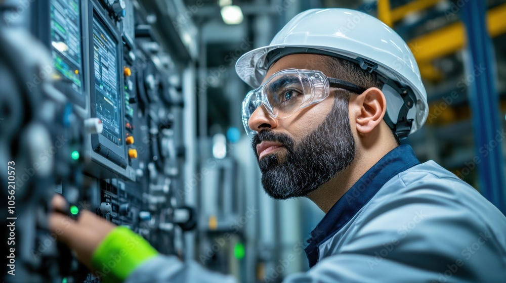 An engineer inspects machinery controls in a factory, wearing protective gear and glasses, dedicated to enhancing operational efficiency during the workday