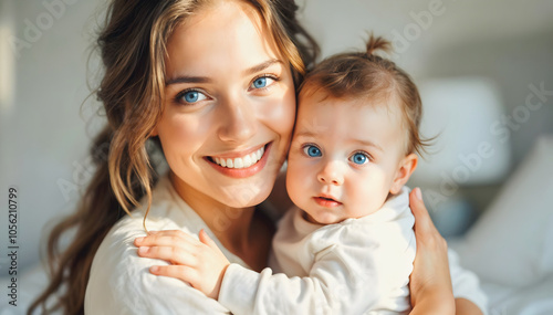 Portrait of beautiful happy young mother with blue eyes holding her baby toddler, woman and child, people background, motherhood