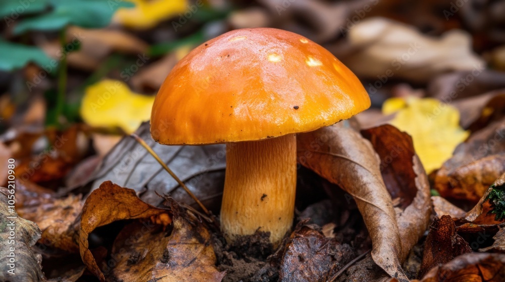 A vibrant orange mushroom emerges from the rich earth, surrounded by dry, fallen leaves and green foliage, signaling the arrival of early autumn A vibrant orange mushroom emerges from the rich earth, surrounded by dry, fallen leaves and green foliage, signaling the arrival of early autumn