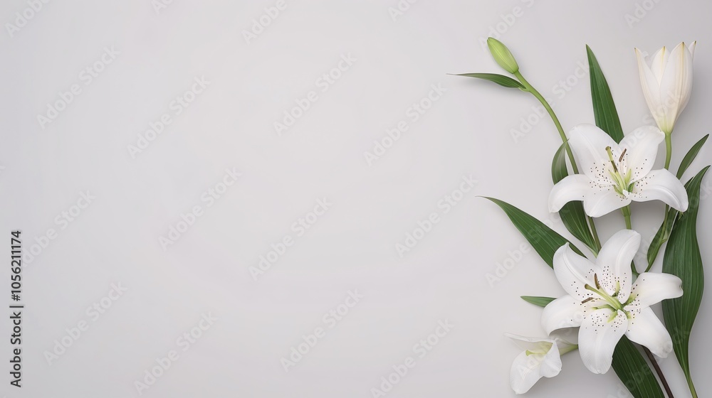 Fototapeta premium Elegant white lilies on a soft grey background, minimalist floral arrangement, serene and peaceful, copy space for sympathy messages or wedding invitations, graceful floral decor