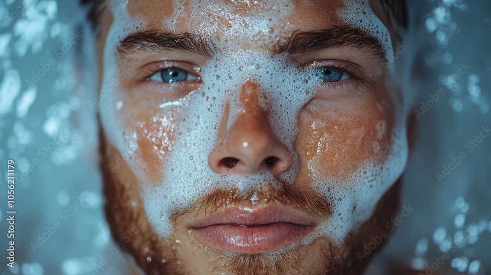 Young man’s face covered in soap bubbles during a shower, fresh clean skin, water drops, washing, hygiene, grooming, bathroom, morning routine, skincare