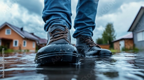 The individual stands in waterlogged terrain, showcasing waterproof footwear while splashing through puddles amid a cloudy, stormy atmosphere, near cozy rural homes