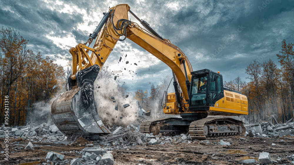 Excavator demolishing concrete debris in a forested area under a dramatic sky