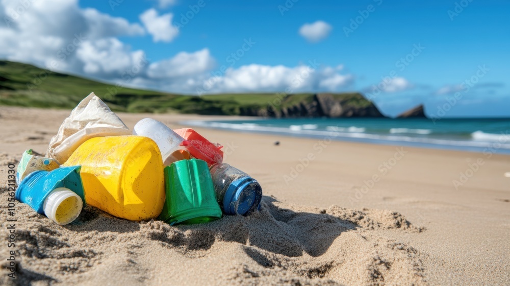 Plastic waste washed up on a remote beach, far-reaching impact of marine pollution even in isolated areas Plastic waste washed up on a remote beach, far-reaching impact of marine pollution even in isolated areas