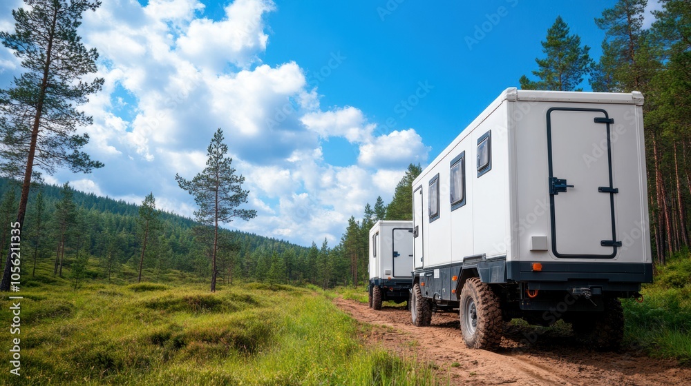 Two off-road camper vehicles are parked along a winding dirt trail, surrounded by vibrant greenery and towering trees, under a clear blue sky with fluffy clouds Two off-road camper vehicles are parked along a winding dirt trail, surrounded by vibrant greenery and towering trees, under a clear blue sky with fluffy clouds
