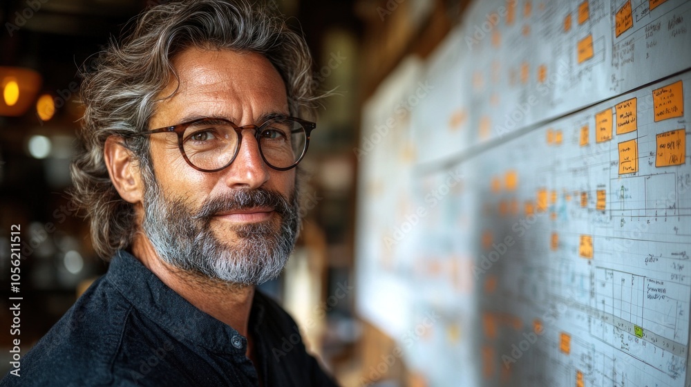 The man with stylish glasses stands next to an extensive project plan featuring colorful sticky notes. He exudes confidence in a well-lit creative workspace filled with inspiration The man with stylish glasses stands next to an extensive project plan featuring colorful sticky notes. He exudes confidence in a well-lit creative workspace filled with inspiration