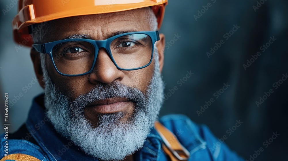 A skilled construction worker with a gray beard and stylish glasses wears an orange hard hat while focusing on his tasks at a job site, showcasing dedication and experience A skilled construction worker with a gray beard and stylish glasses wears an orange hard hat while focusing on his tasks at a job site, showcasing dedication and experience