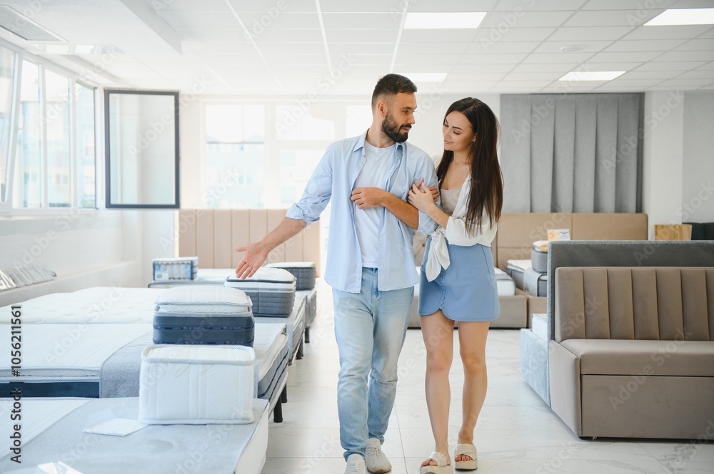 Couple of young man and woman shoppers choose sofa in living room department of furniture store Couple of young man and woman shoppers choose sofa in living room department of furniture store