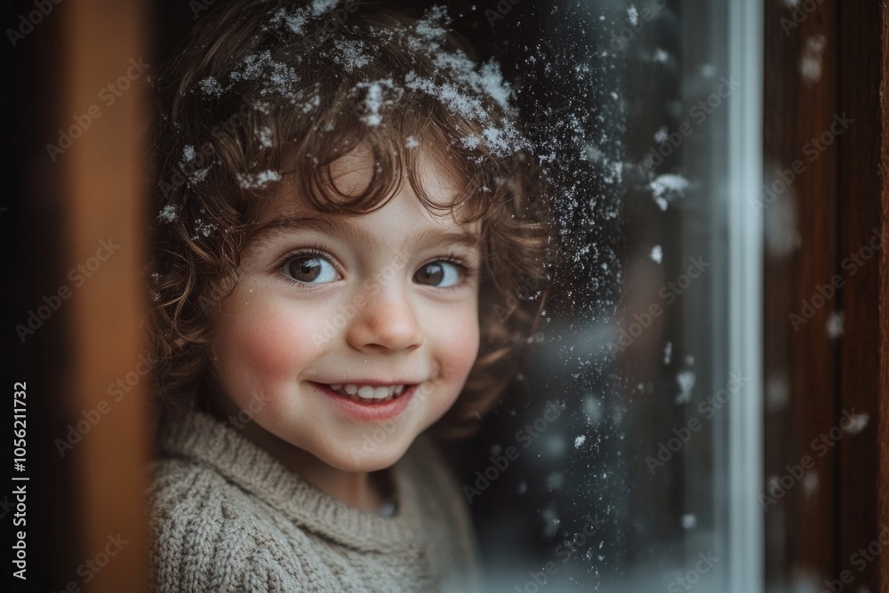 A joyful child gazes through a snowy window. Charming curls and warm sweaters evoke happiness. Winter brings a sense of wonder and warmth. Generative AI