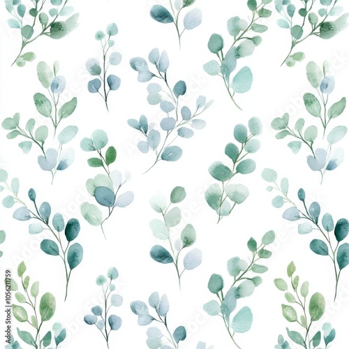 An elegant watercolor floral pattern featuring a composition of green leaves and branches on a white background, suitable for wrapping paper, wallpapers, cards, invitations, wedding announcements,