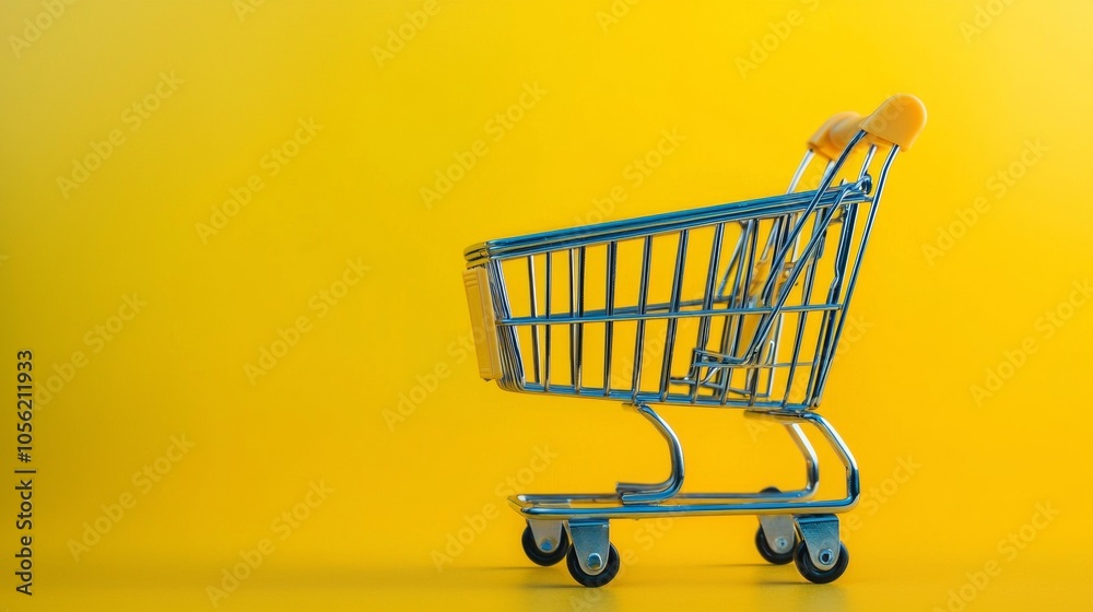 Shopping cart against a vibrant yellow background Shopping cart against a vibrant yellow background