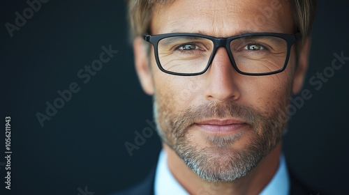 A well-groomed man with glasses stands confidently, dressed in a formal suit. His serious expression and neat beard reflect professionalism in a simple yet striking backdrop