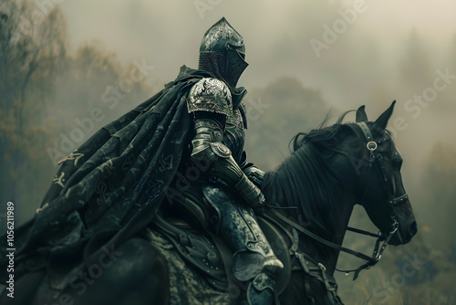 A Gallant Knight in Shining Armor Ready for a Noble Quest at the Edge of a Mystical Forest photo