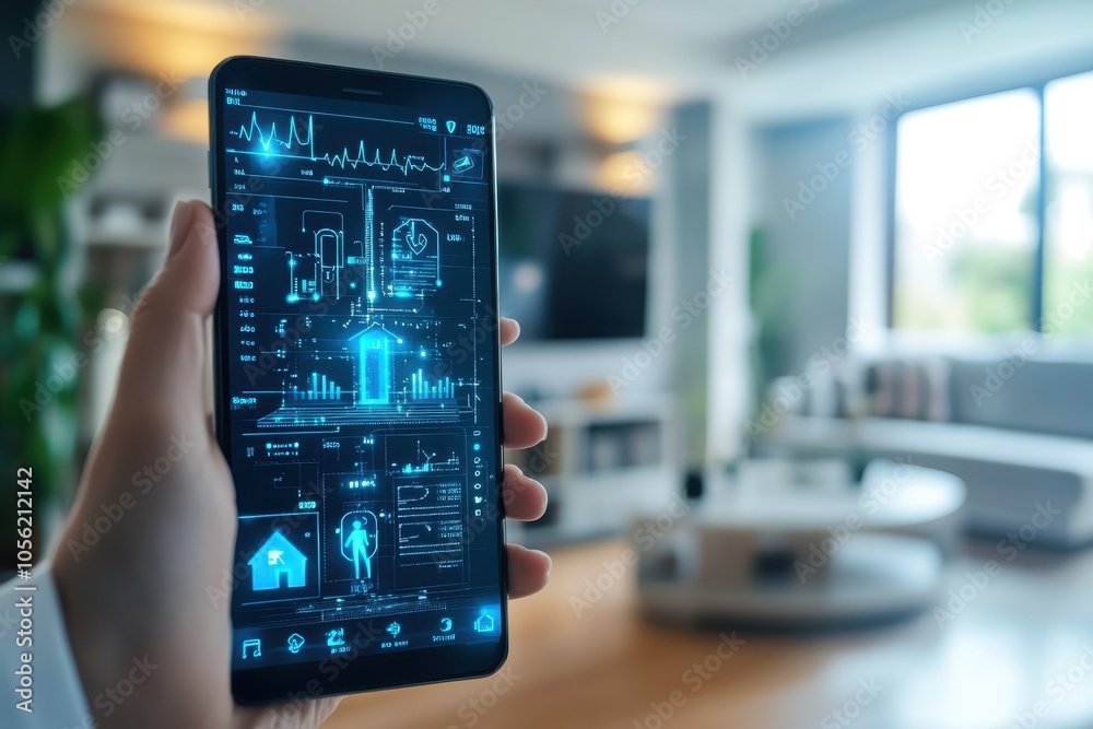 Hand holding a smartphone displaying health metrics in a modern living room setting Hand holding a smartphone displaying health metrics in a modern living room setting